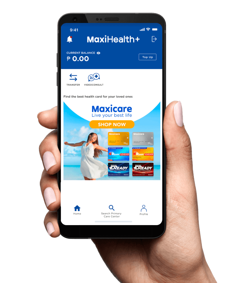 A mobile screen displaying the Maxicarehealth+ app, which offers general health and wellness programs