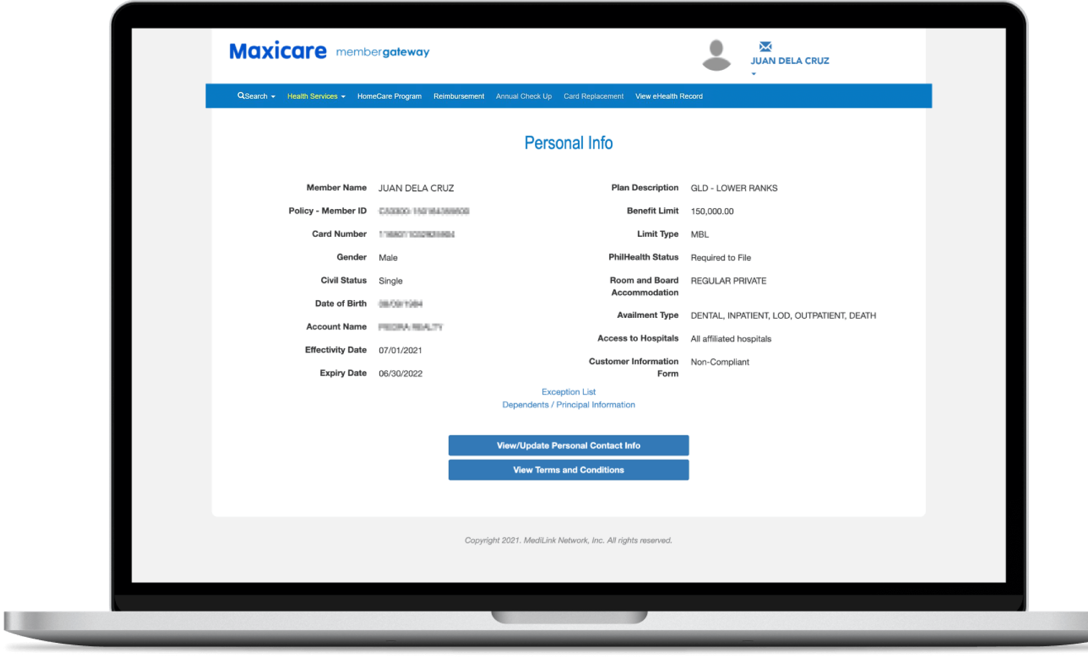 A macbook pro displaying Maxicare member gateway