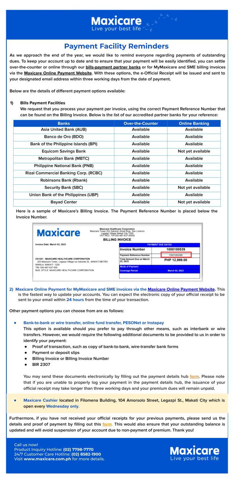 Maxicare Payment Facilities Reminder